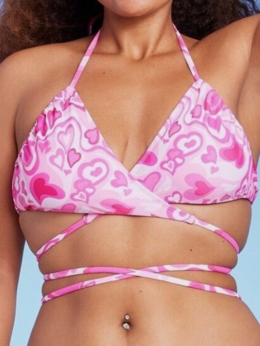 Wild Fable Pink & White Heart Wrap Bralette Bikini Swimsuit Swim Beach Top Sz L